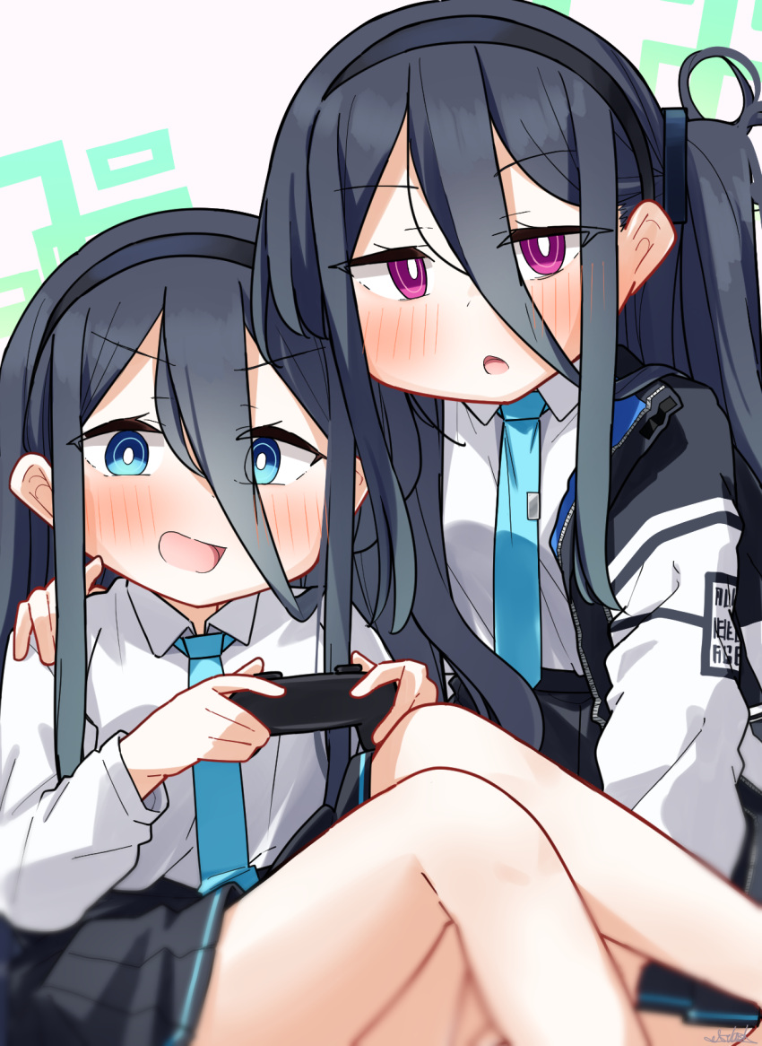 &lt;key&gt;_(blue_archive) 2girls :d aris_(blue_archive) black_hair black_hairband black_skirt blue_archive blue_eyes blue_necktie blush breasts collared_shirt commentary_request dash_b feet_out_of_frame grey_background hair_between_eyes hairband halo hand_on_another's_shoulder highres jacket knees_up long_hair long_sleeves multiple_girls necktie one_side_up open_clothes open_jacket pleated_skirt puffy_long_sleeves puffy_sleeves shirt signature simple_background sitting skirt small_breasts smile v-shaped_eyebrows very_long_hair violet_eyes white_jacket white_shirt