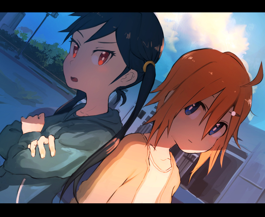 2girls ahoge back-to-back blue_eyes brown_cardigan building bush cardigan closed_mouth collarbone commentary_request dutch_angle green_hoodie hair_between_eyes hood hood_down hoodie inami_hatoko lamppost letterboxed long_sleeves looking_at_viewer multiple_girls open_mouth orange_hair original outdoors red_eyes shirt twintails white_shirt