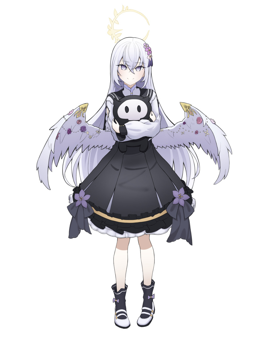 1girl absurdres azusa_(blue_archive) bare_legs black_dress black_socks blue_archive closed_mouth crescent crescent_halo crossed_bangs dress feathered_wings flower full_body hair_flower hair_ornament halo highres holding holding_stuffed_toy long_hair long_sleeves looking_at_viewer purple_flower seki_86 shoes sidelocks simple_background smile socks solo standing stuffed_toy tachi-e white_background white_footwear white_hair white_sleeves white_wings wing_ornament wings