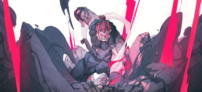 1boy akuma_(street_fighter) arm_up bead_necklace beads black_pants black_shirt chun_lo clenched_teeth dougi dust highres japanese_clothes jewelry male_focus muscular muscular_male necklace pants ponytail red_eyes redhead rope_belt rubble shirt sleeveless solid_eyes solo street_fighter teeth torn_clothes white_background