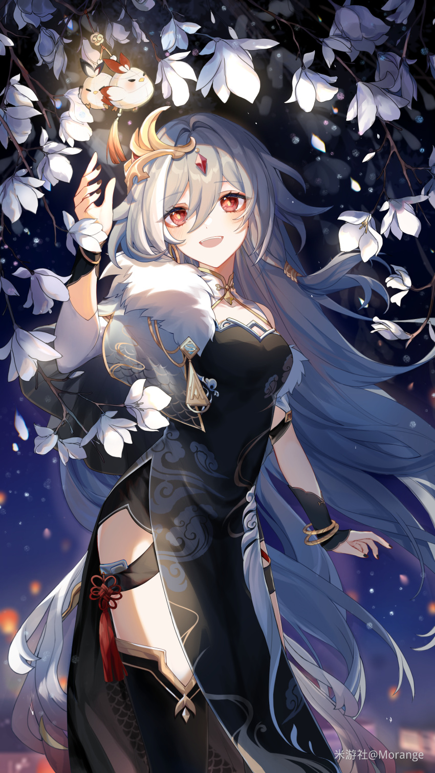 1girl absurdres alternate_costume artist_name asymmetrical_clothes black_dress black_nails black_thighhighs branch capelet chinese_commentary dress eyeliner flower fu_hua fu_hua_(herrscher_of_sentience) fur-trimmed_capelet fur_trim grey_hair hair_between_eyes hair_ornament hand_up highres honkai_(series) honkai_impact_3rd jewelry jingwei_(bird) long_hair looking_at_object makeup mangzhi_yaoyao multicolored_hair night open_mouth red_eyeliner red_eyes side_slit single_sleeve sleeveless sleeveless_dress solo streaked_hair tassel thigh-highs thighs tree white_flower white_hair white_sleeves yellow_pupils