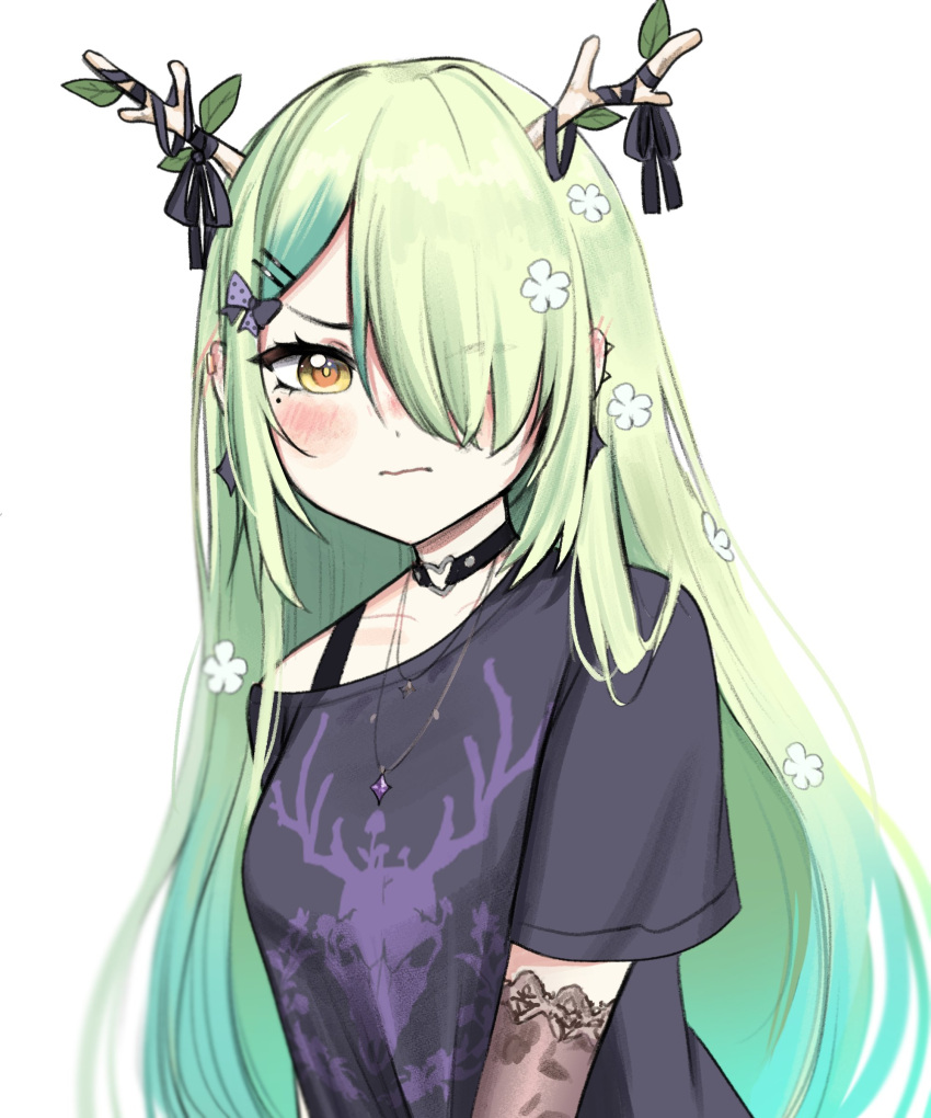 1girl absurdres antlers black_choker black_gloves black_shirt blush ceres_fauna ceres_fauna_(4th_costume) choker daemo72 elbow_gloves flower gloves grey_hair hair_flower hair_ornament hair_over_one_eye heart heart_choker highres hololive hololive_english horns long_hair looking_at_viewer mole mole_under_eye official_alternate_costume shirt solo very_long_hair virtual_youtuber yellow_eyes