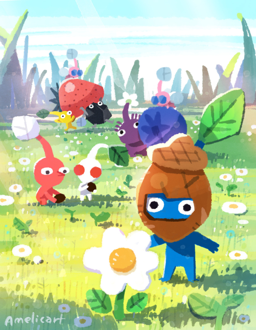 acorn amelicart artist_name black_eyes black_skin blue_eyes blue_pikmin blue_skin blue_sky blueberry brown_headwear bud carrying clouds colored_skin commentary_request covered_mouth day field flower flower_field flying food fruit grass hat highres holding insect_wings leaf looking_at_object no_humans no_mouth oversized_food oversized_object pikmin_(creature) pikmin_(series) pikmin_bloom pink_skin pointy_ears pointy_nose purple_hair purple_pikmin purple_skin red_eyes red_pikmin red_skin rock rock_pikmin short_hair sky solid_circle_eyes squatting strawberry very_short_hair white_flower white_pikmin white_skin winged_pikmin wings yellow_pikmin yellow_skin