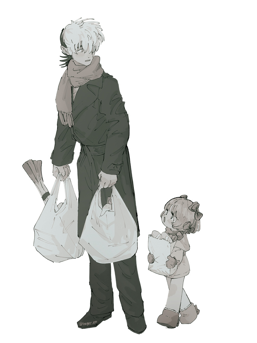 1boy 1girl bag black_jack_(character) black_jack_(series) blush bow coat eye_contact groceries grocery_bag hair_bow hair_over_one_eye height_difference highres holding holding_bag kager_en loafers long_sleeves looking_at_another looking_down looking_to_the_side looking_up medium_hair mittens multicolored_hair multiple_hair_bows muted_color one_eye_covered open_mouth paper_bag pinoko scarf shoes shopping_bag short_hair simple_background stitched_face stitches two-tone_hair walking white_background