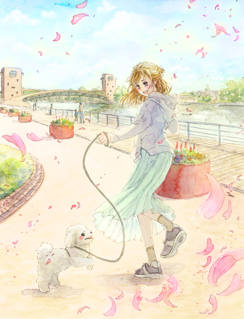 1girl 5others :d absurdres animal black_footwear blue_skirt blue_sky bridge brown_eyes brown_hair brown_socks building clouds colored_shoe_soles commentary_request commission day dog english_commentary european_architecture flower full_body grass grey_hoodie hanasaki_taru highres holding holding_leash hood hood_down hoodie leash leg_up long_sleeves looking_at_viewer looking_to_the_side medium_hair mixed-language_commentary multiple_others open_mouth original outdoors painting_(medium) people petals plant planter pleated_skirt railing red_flower river road round_window shoes signature skeb_commission skirt sky smile socks solo_focus standing standing_on_one_leg street traditional_media two-tone_footwear watercolor_(medium) white_dog white_footwear wind window