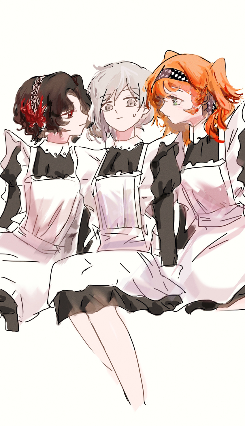 3girls absurdres apron ashufu black_dress blush braid brown_hair checkered_hairband chinese_commentary closed_mouth commentary_request cropped_legs dress girl_sandwich green_eyes grey_eyes grey_hair hair_bun highres juliet_sleeves long_sleeves looking_at_another maid maid_apron multiple_girls orange_hair puffy_sleeves red_eyes reverse:1999 sandwiched schneider_(reverse:1999) short_hair side_braid simple_background single_side_bun sitting sonetto_(reverse:1999) sweatdrop two_side_up vertin_(reverse:1999) white_apron white_background yuri