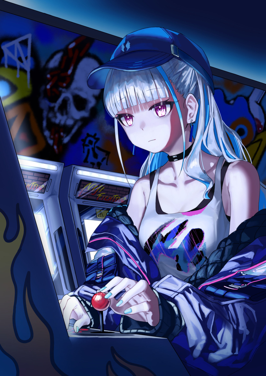 1girl absurdres arcade_cabinet arisaki_(cnxy7525) bare_shoulders baseball_cap blue_coat blue_headwear blue_nails blunt_bangs breasts choker closed_mouth coat colored_inner_hair earrings graffiti grey_hair hat highres indoors jewelry lize_helesta long_hair multicolored_hair nijisanji off_shoulder open_clothes open_coat shirt small_breasts solo tank_top upper_body violet_eyes virtual_youtuber white_shirt