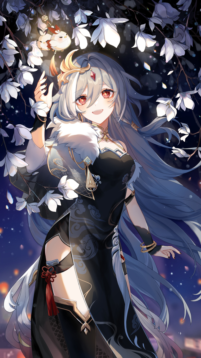 1girl absurdres asymmetrical_clothes black_dress black_nails black_thighhighs branch capelet dress eyeliner flower fu_hua fu_hua_(herrscher_of_sentience) fur-trimmed_capelet fur_trim grey_hair hair_between_eyes hair_ornament hand_up highres honkai_(series) honkai_impact_3rd jewelry jingwei_(bird) long_hair looking_at_object makeup mangzhi_yaoyao multicolored_hair night open_mouth red_eyeliner red_eyes side_slit single_sleeve sleeveless sleeveless_dress solo streaked_hair tassel thigh-highs thighs tree white_flower white_hair white_sleeves yellow_pupils