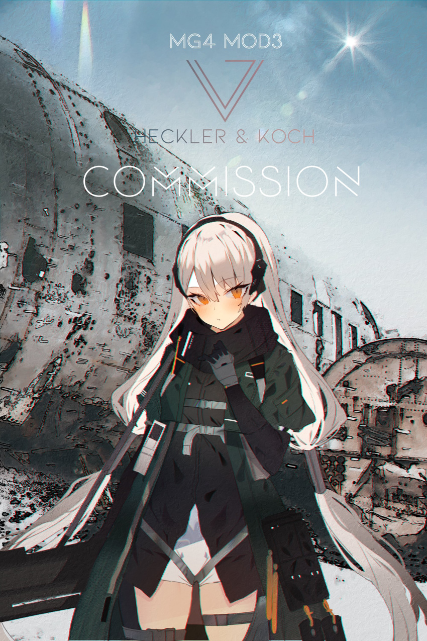 1girl absurdres black_hairband black_shirt blush character_name coat commission cowboy_shot english_commentary english_text girls_frontline green_coat grey_hair hairband highres long_hair looking_at_viewer mg4_(girls'_frontline) mg4_(mod3)_(girls'_frontline) open_clothes open_coat orange_eyes parted_lips photo_background shirt solo soukou_makura straight-on twintails very_long_hair