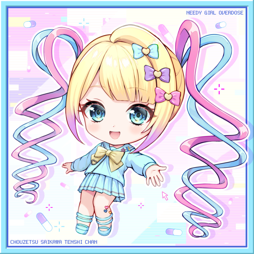 1girl :d blonde_hair blue_border blue_bow blue_eyes blue_footwear blue_hair blue_serafuku blue_shirt blue_skirt border bow character_name chibi chouzetsusaikawa_tenshi-chan commentary_request copyright_name cursor drop_shadow ekakima_kuru_(artist) full_body gradient_hair hair_bow hair_ornament heart heart_hair_ornament highres long_hair long_sleeves looking_at_viewer multicolored_hair multiple_hair_bows needy_girl_overdose open_mouth outline pill pink_bow pink_hair pleated_skirt purple_bow quad_tails school_uniform serafuku shirt shoes skirt smile solo standing very_long_hair white_outline yellow_bow