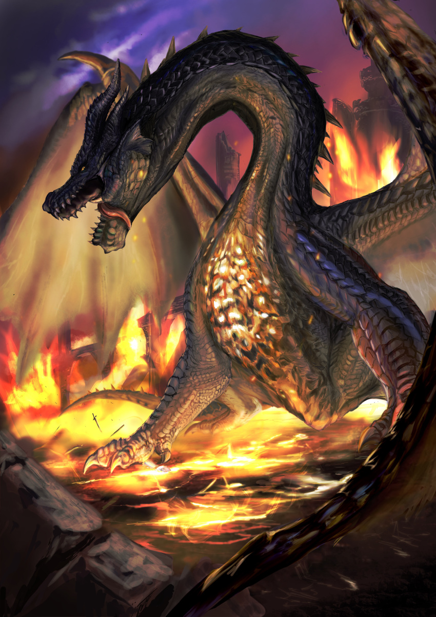 absurdres black_scales castle claws dragon dragon_horns dragon_wings fatalis fire fujikura glowing highres horns monster monster_focus monster_hunter:_world monster_hunter_(series) orange_eyes planted planted_sword ruins scales sharp_teeth sky slit_pupils solo spikes spread_wings standing sword teeth tongue tongue_out weapon western_dragon wings