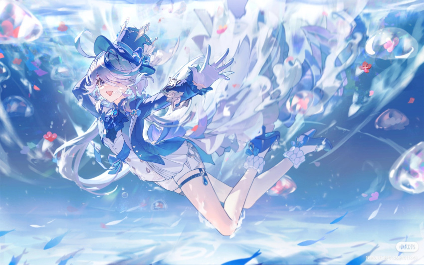 1girl :d ahoge ascot blue_ascot blue_eyes blue_footwear blue_headwear blue_jacket brooch buttons double-breasted eyes_visible_through_hair falling from_side full_body furina_(genshin_impact) genshin_impact gloves hair_over_one_eye hand_on_own_head hat high_heels highres jacket jewelry looking_at_viewer lu_bai_(lugugu99) open_clothes open_hand open_jacket open_mouth outstretched_arm reaching reaching_towards_viewer shirt shorts smile socks solo teeth thigh_strap top_hat underwater upper_teeth_only water_drop white_gloves white_shirt white_shorts white_socks