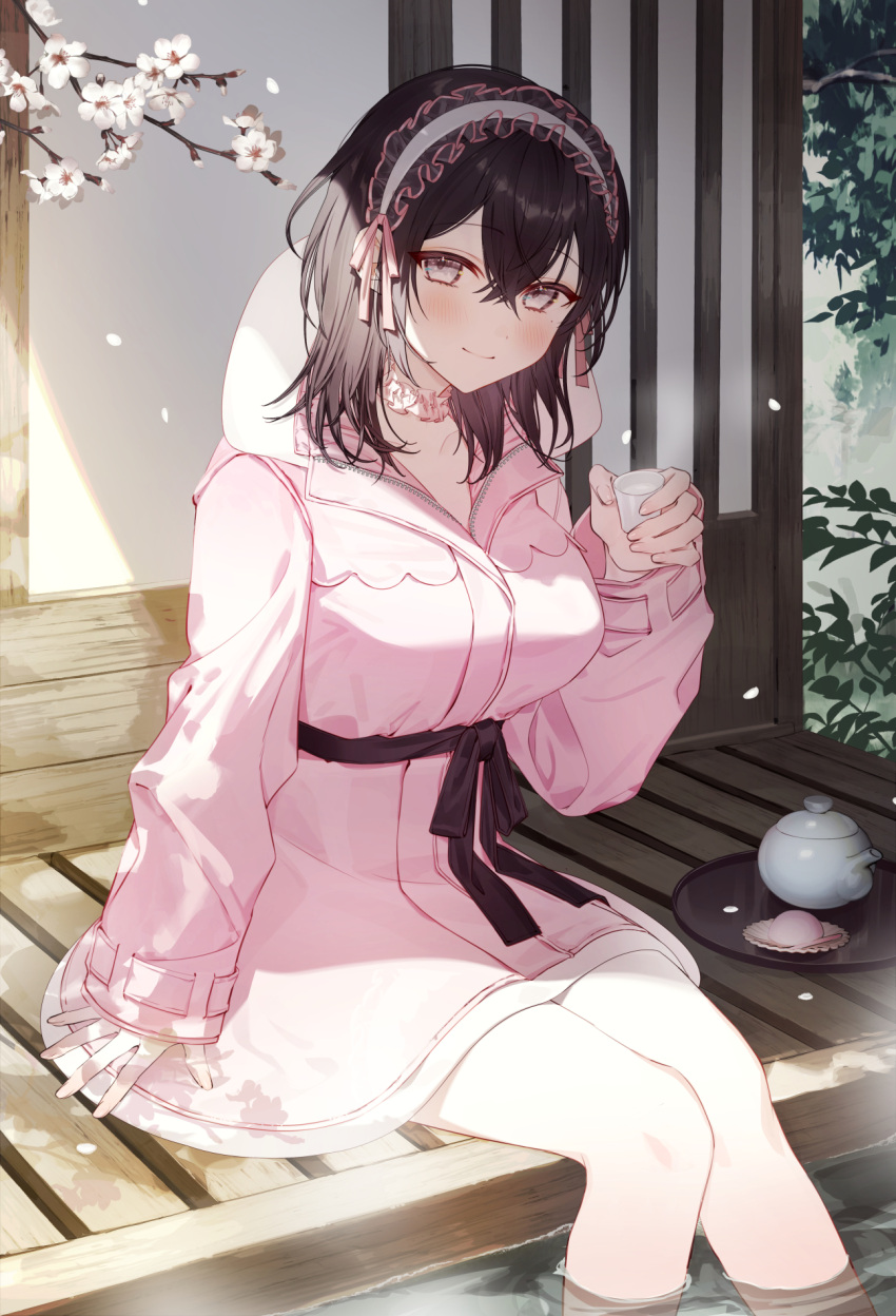 1girl blush breasts choker cup day grey_eyes hair_ornament hairband highres holding holding_cup jacket large_breasts long_hair long_sleeves looking_at_viewer original outdoors partially_submerged pink_choker pink_jacket sitting smile solo syandega water wet