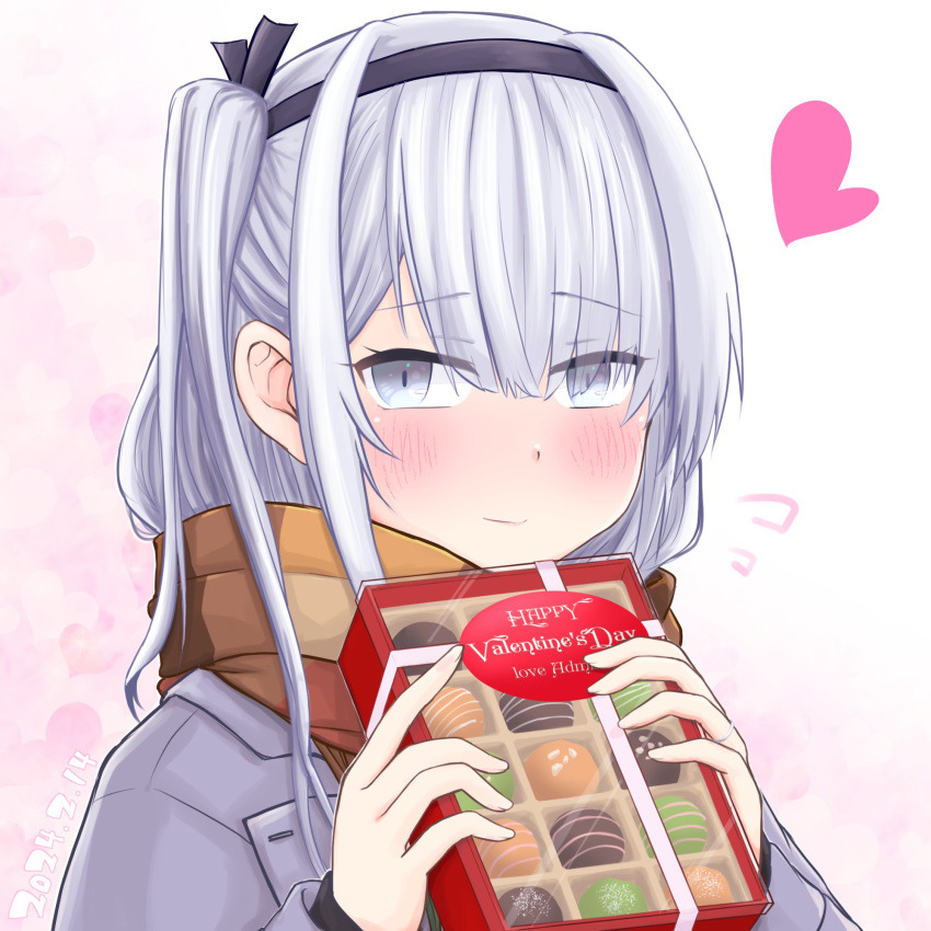 1girl alternate_costume black_hairband blush box box_of_chocolates brown_scarf coat flying_sweatdrops fuyutsuki_(kancolle) grey_coat grey_eyes grey_hair hairband heart highres kantai_collection looking_at_viewer multicolored_clothes multicolored_scarf one_side_up scarf smile solo sosser upper_body