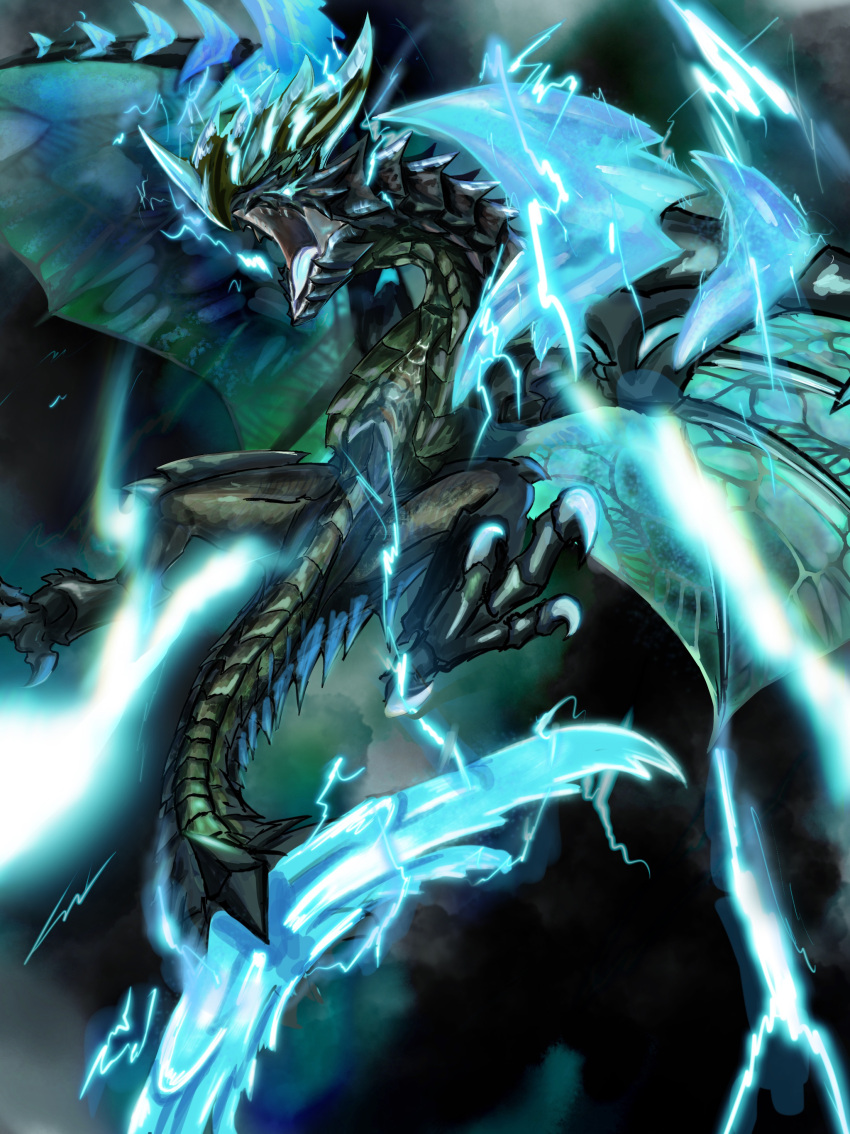 absurdres astalos blue_eyes boltreaver_astalos claws clouds cloudy_sky digitigrade dragon electricity electrokinesis flying from_below fujikura glowing glowing_eyes glowing_tail highres horns membrane monster monster_focus monster_hunter_(series) monster_hunter_x open_mouth scales sharp_tail sharp_teeth sky spikes spread_wings teeth wyvern