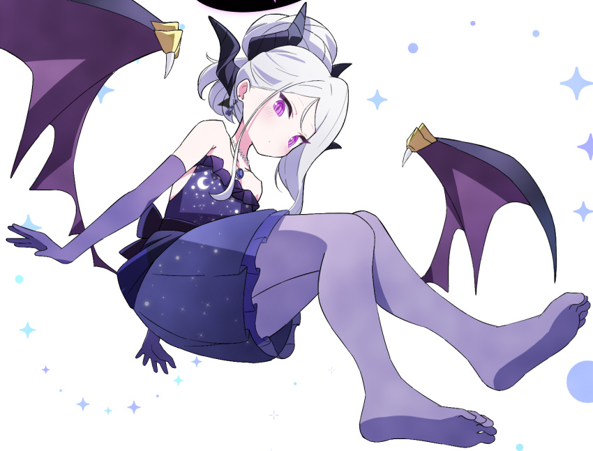 1girl bare_shoulders black_halo blue_archive blush closed_mouth commentary_request demon_horns demon_wings dress elbow_gloves feet from_below full_body gloves grey_hair hair_bun halo heart hina_(blue_archive) hina_(dress)_(blue_archive) horns jewelry knees_together_feet_apart knees_up long_hair looking_at_viewer necklace no_shoes official_alternate_costume pantyhose parted_bangs pearl_necklace purple_dress purple_gloves purple_pantyhose sasanoha_(sasanoha0712) short_dress simple_background single_hair_bun sitting slit_pupils solo strapless strapless_dress sweatdrop toes tsurime violet_eyes white_background wings