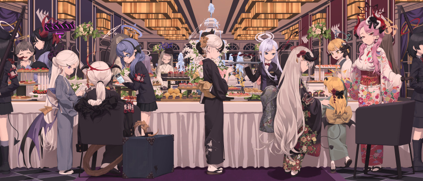 6+girls ^_^ absurdres ako_(blue_archive) alcohol alternate_costume armband banquet blonde_hair blue_hair butler cellphone cellphone_photo character_request checkered_floor closed_eyes coat commentary_request cup demon_horns demon_tail demon_wings dessert drinking_glass earrings female_butler floral_print food fountain fur-trimmed_coat fur_trim grey_hair halo highres hina_(blue_archive) holding holding_phone horns ibuki_(blue_archive) indoors japanese_clothes jewelry kayoko_(blue_archive) kimono looking_at_another looking_at_viewer makoto_(blue_archive) multiple_girls nagisa_(blue_archive) obi partial_commentary phone red_armband rui_(rei_leyi) sandals sash satsuki_(blue_archive) stud_earrings tabi tail wine wine_glass wings yukata zouri