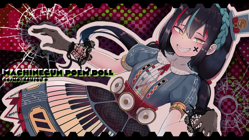 1girl black_gloves black_hair blue_dress blue_headwear bow braid breasts buttons commentary_request cosmo_(bousoup) crown_braid double-parted_bangs dress dutch_angle eyelashes fangs gloves green_hair grin hair_between_eyes hair_ribbon hat hat_bow hatsune_miku instrument keyboard_(instrument) lace lace_gloves long_bangs long_hair looking_at_viewer low_twintails machinegun_poem_doll_(vocaloid) megaphone mini_hat mole mole_under_eye multicolored_hair neck_ribbon official_art puffy_short_sleeves puffy_sleeves red_bow red_ribbon redhead ribbon short_sleeves slit_pupils smile solo song_name speaker streaked_hair top_hat twintails twitter_username yellow_eyes