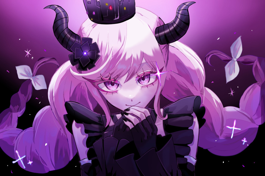 1girl bare_shoulders black_horns black_nails braid brown_hair closed_mouth crown detached_sleeves gradient_background grey_ribbon guzhe hair_ribbon hand_up highres horns long_hair long_sleeves looking_at_viewer master_detective_archives:_rain_code multicolored_hair nail_polish pink_background pink_eyes pink_hair portrait ribbon shinigami_(rain_code) smile twin_braids twintails two-tone_hair