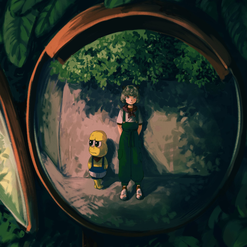 1boy 1girl :3 against_wall animal_ears animal_nose bald barefoot black_eyes blush closed_mouth colored_skin cropped crossed_legs day foliage green_overalls grey_eyes grey_hair hands_in_pockets highres looking_to_the_side mode_aim outdoors peanuts-kun ponpoko_(vtuber) raccoon_ears raccoon_girl reflection shade shadow shoes short_hair short_sleeves shorts standing suspender_shorts suspenders topless_male traffic_mirror utochan_(uptkop) virtual_youtuber yellow_skin