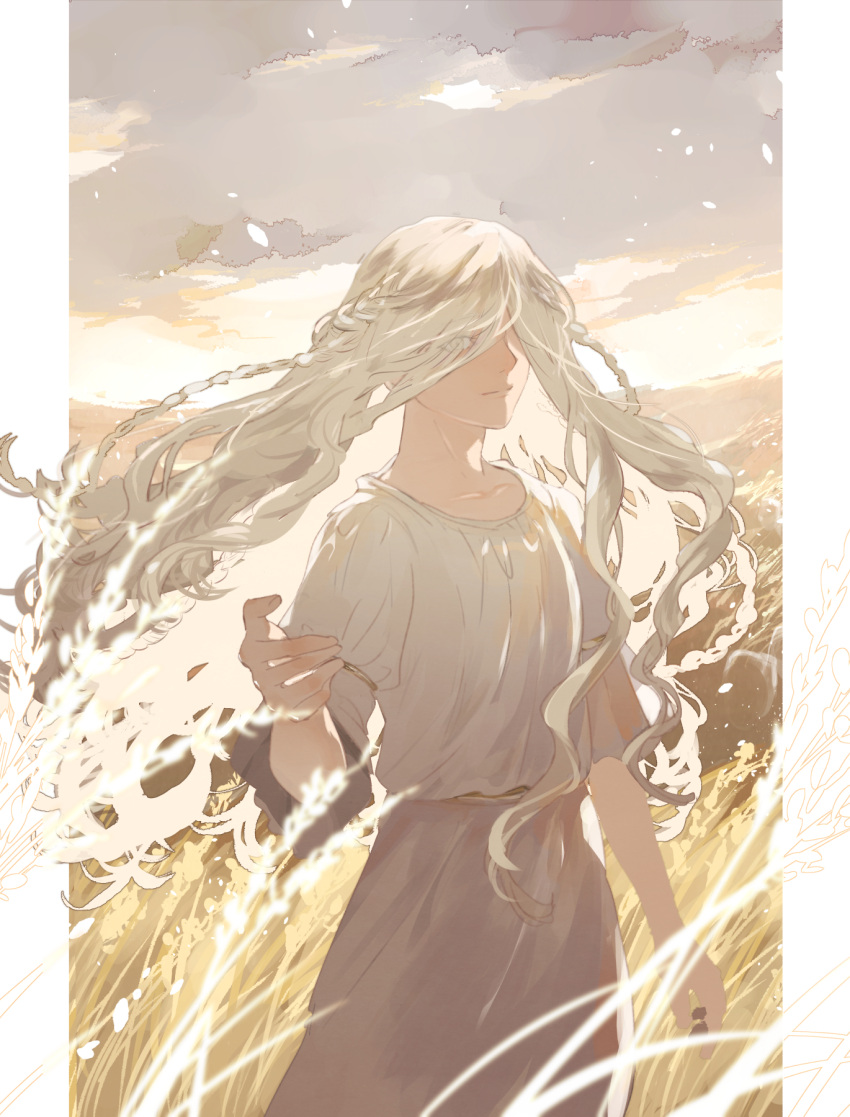 1boy androgynous blonde_hair braid clouds collarbone commentary cowboy_shot day dress elden_ring eyes_visible_through_hair field floating_hair grey_sky hair_over_eyes highres kero_1110 long_hair looking_at_viewer male_focus miquella_(elden_ring) multiple_braids one_eye_covered outdoors outside_border pillarboxed reaching reaching_towards_viewer sky solo standing wheat_field white_dress wind yellow_eyes