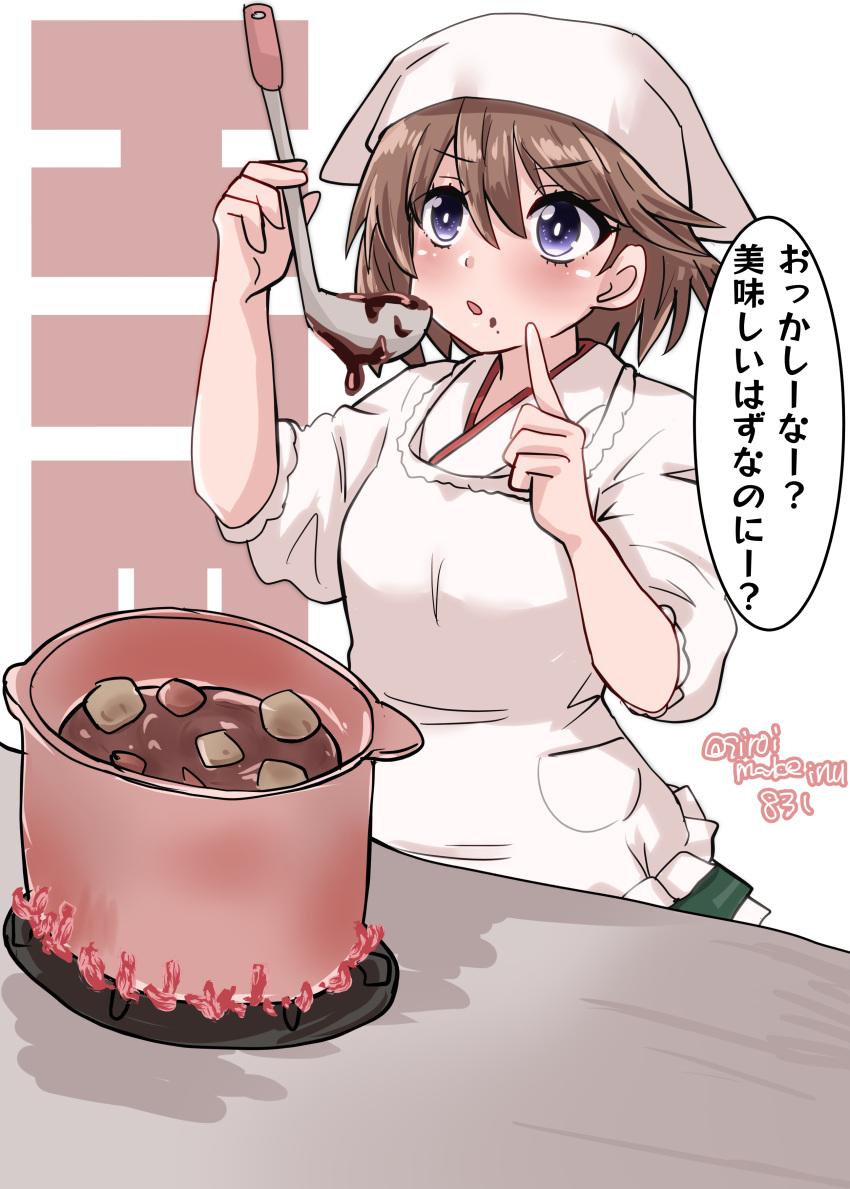 1girl absurdres bandana brown_hair character_name commentary_request cooking cooking_pot cowboy_shot flipped_hair green_skirt hiei_(kancolle) highres holding holding_ladle japanese_clothes kantai_collection kitahama_(siroimakeinu831) ladle looking_at_viewer one-hour_drawing_challenge short_hair skirt solo translation_request twitter_username violet_eyes white_background white_bandana