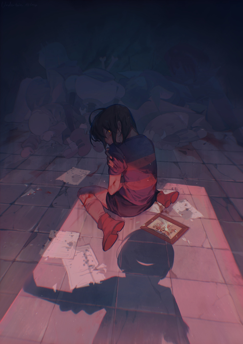 1other absurdres androgynous ankle_boots black_shorts blood blood_on_face blood_on_ground blood_on_leg blue_shirt boots brown_hair chara_(undertale) child chinese_commentary corpse crack crack_of_light cracked_floor cracked_glass cuts dual_persona evil_smile frisk_(undertale) from_above full_body glass_shards glowing glowing_eye grey_socks hand_on_own_shoulder highres indoors injury kneehighs lazy_kun looking_at_viewer looking_back on_floor painting_(object) paper papyrus_(undertale) parted_lips pile_of_corpses red_footwear sans shadow shards shirt short_hair short_sleeves shorts sitting smile socks solo_focus tears tile_floor tiles toriel torn torn_paper undertale wariza yellow_eyes