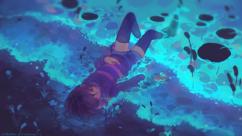 1other androgynous black_thighhighs blue_shorts brown_hair child chinese_commentary closed_eyes commentary_request copyright_name dated dutch_angle expressionless frisk_(undertale) from_above full_body hand_on_own_stomach highres lazy_kun lily_pad long_sleeves lying on_back other_focus outdoors partially_submerged short_hair shorts signature solo thigh-highs undertale water