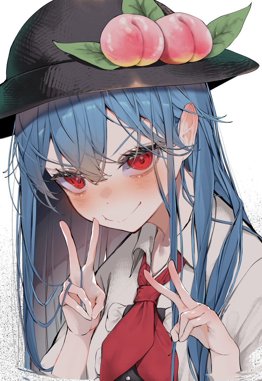 1girl absurdres black_headwear blue_hair blush closed_mouth collared_shirt double_v food fruit hair_between_eyes hat highres hinanawi_tenshi long_hair looking_at_viewer necktie peach red_eyes red_necktie shirt smile solo touhou tsune_(tune) upper_body v white_shirt