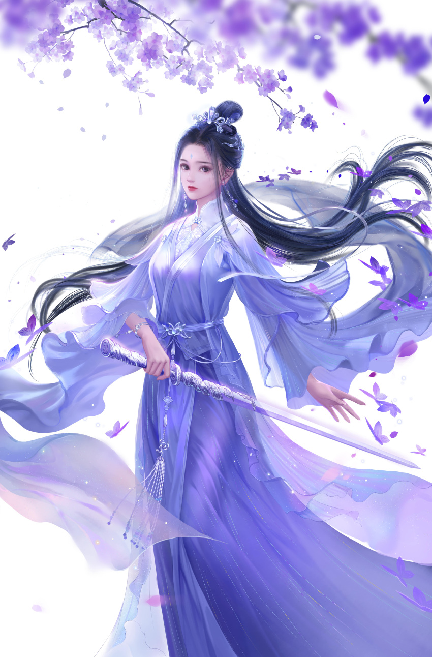 1girl absurdres against_the_gods black_hair bracelet bug butterfly chinese_clothes crescent_moon earrings facial_mark flower forehead_mark hair_ornament highres holding holding_sword holding_weapon huge_moon jewelry long_hair moon official_art purple_moon solo sword violet_eyes weapon white_background xia_qingyue_(against_the_gods)