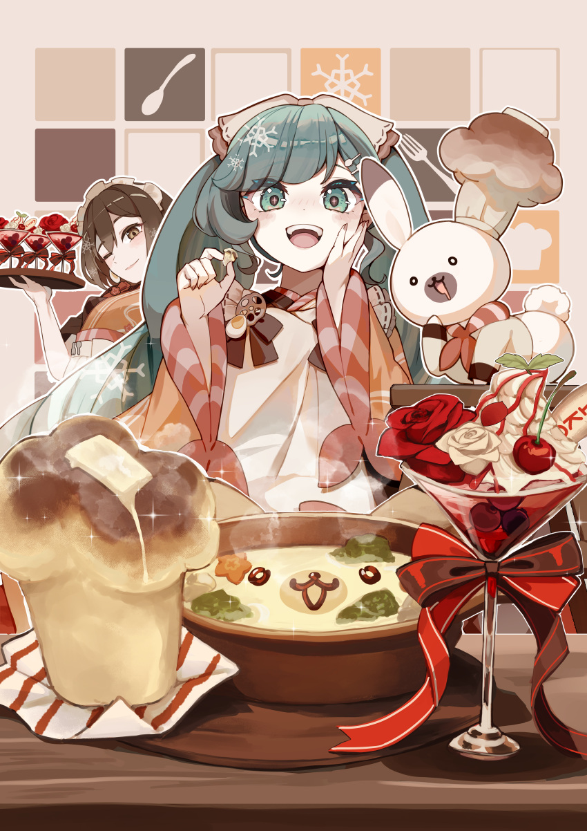 2girls absurdres bowl brown_dress brown_eyes brown_hair checkered_clothes checkered_dress chef_hat cherry cocktail_glass commentary_request cup dress drinking_glass flower food fruit green_eyes green_hair hair_between_eyes hand_on_own_face hat hatsune_miku highres holding holding_tray japanese_clothes kina_co long_hair looking_at_viewer meiko_(vocaloid) multiple_girls one_eye_closed open_mouth outline rabbit_yukine red_flower red_ribbon red_rose ribbon rose short_hair smile snowflakes sparkle steam table tray twintails upper_body utensil vocaloid white_flower white_outline white_rose wooden_table yuki_miku yuki_miku_(2024)