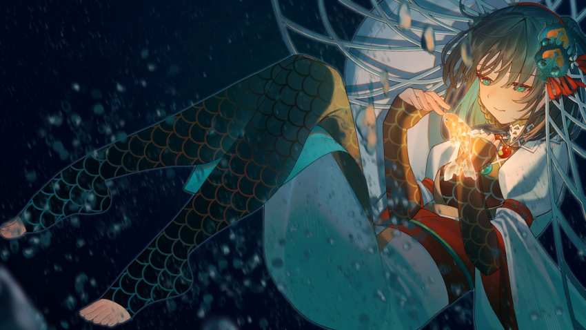 1girl black_hair braided_hair_rings dark fate/samurai_remnant fate_(series) fish fishnets glowing_fish green_eyes hand_on_own_chest highres japanese_clothes jewelry light_(nightty45) long_sleeves magatama magatama_necklace necklace net ototachibana-hime_(fate) puffy_sleeves scale_print smile solo toeless_legwear underwater