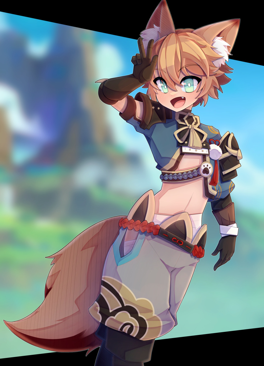 1boy :d absurdres animal_ear_fluff animal_ears armor bandaged_waist belt black_border black_gloves blurry blurry_background blush border brown_hair commentary commission dog_boy dog_ears dog_tail fang feet_out_of_frame genshin_impact gloves gorou_(genshin_impact) green_eyes grey_pants hair_between_eyes hand_up highres igote japanese_armor japanese_clothes looking_at_viewer male_focus mixed-language_commentary myokkun navel open_mouth outdoors pants paw_print puffy_pants short_hair smile solo standing tail tassel v