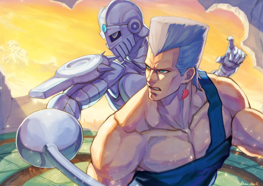 1boy armor artist_name biceps blue_eyes clenched_teeth clouds collarbone commentary_request earrings epee evening fighting_stance flattop grey_hair holding holding_sword holding_weapon jean_pierre_polnareff jewelry jojo_no_kimyou_na_bouken looking_ahead male_focus mohammed_avdol muscular muscular_male pectorals rapier shikabane_(draw_tadao14) silver_chariot spikes spoilers stand_(jojo) stardust_crusaders sword tall_hair teeth upper_body weapon