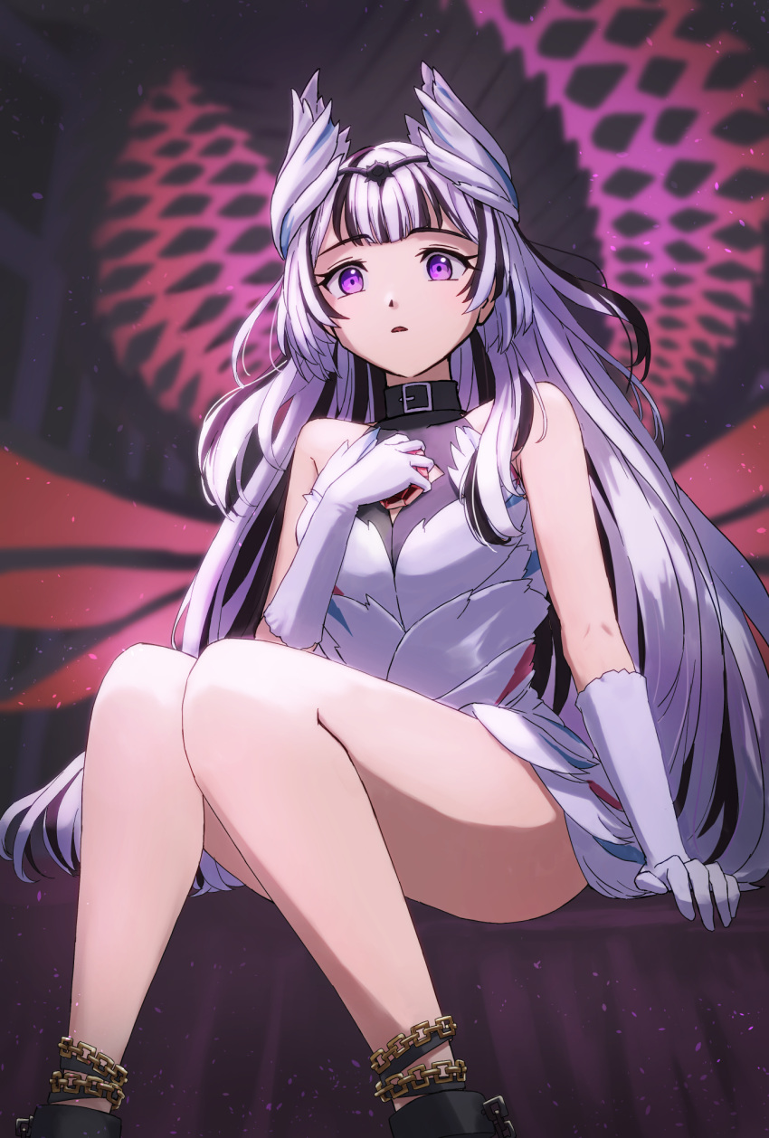 1girl black_hair blurry blurry_background chain collar commentary_request dress eyelashes fire_emblem fire_emblem_engage gloves highres miraioranji multicolored_hair parted_lips sitting snake solo_focus sombron_(fire_emblem) two-tone_hair veyle_(fire_emblem) violet_eyes white_dress white_gloves white_hair