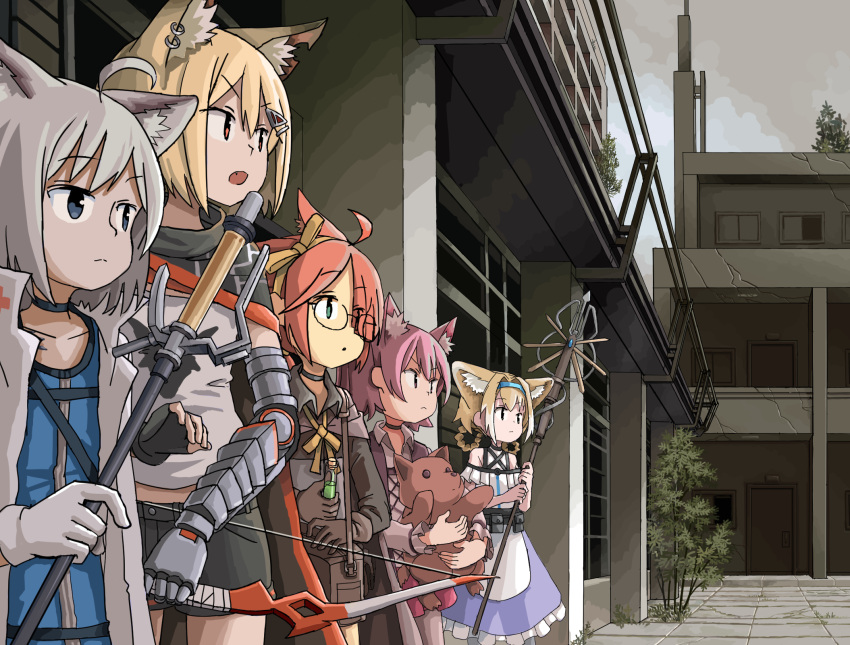 5girls animal_ear_fluff animal_ear_piercing animal_ears arknights blonde_hair blue_eyes closed_mouth fox_ears fox_girl glasses green_eyes grey_hair highres holding holding_staff holding_stuffed_toy morte_(arknights) multiple_girls myrrh_(arknights) notched_ear open_mouth parted_lips prosthesis prosthetic_arm purple_hair red_eyes redhead shamare_(arknights) short_hair sixten staff stuffed_toy stuffed_wolf sussurro_(arknights) suzuran_(arknights) vermeil_(arknights)