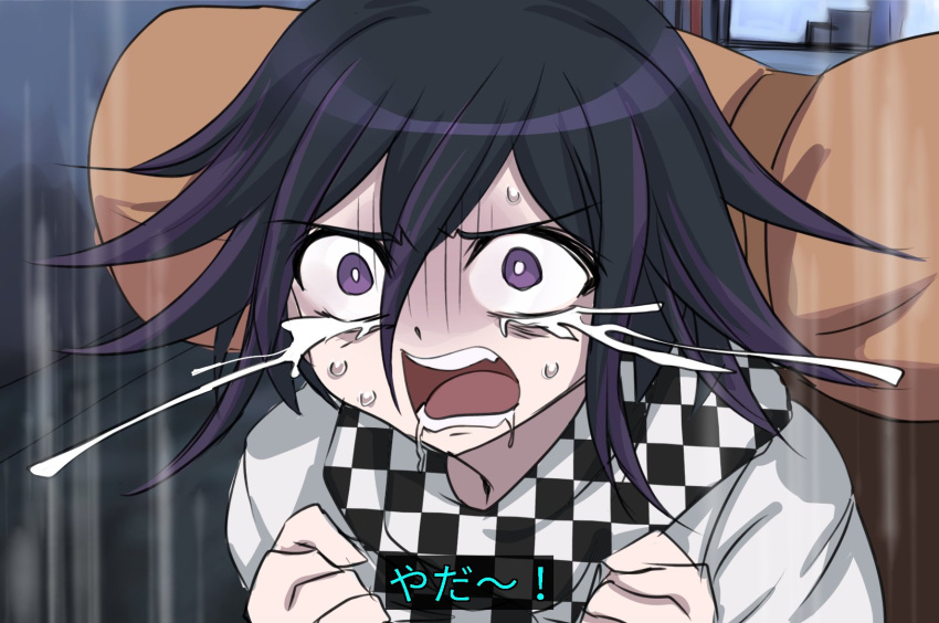 1boy backpack bag black_hair brown_bag checkered_clothes checkered_scarf clenched_hands crying danganronpa_(series) danganronpa_v3:_killing_harmony flipped_hair grey_jacket hands_up highres jacket kuchi_~ie multicolored_hair oma_kokichi reference_request scarf solo sweat tears teeth translation_request two-tone_hair violet_eyes