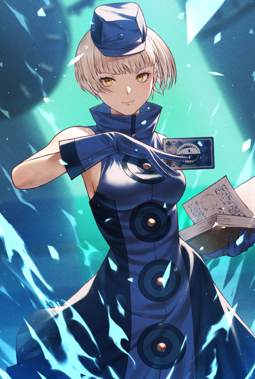 1girl bare_shoulders blue_background blue_dress blue_gloves blue_headwear bob_cut book breasts card closed_mouth dress elizabeth_(persona) fagi_(kakikaki) gloves grey_hair hand_up hat highres holding holding_book holding_card looking_at_viewer medium_breasts mini_hat open_book persona persona_3 persona_3_reload short_hair sleeveless sleeveless_dress solo turtleneck turtleneck_dress yellow_eyes
