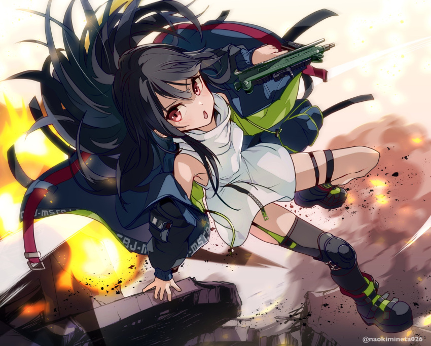 1girl :o black_footwear black_hair black_thighhighs blue_jacket boots c-ms_(girls'_frontline) cbj-ms debris dress embers fire floating_hair full_body girls_frontline gun highres holding holding_gun holding_weapon jacket knee_pads long_hair mineta_naoki off_shoulder open_clothes open_jacket open_mouth red_eyes rubble single_knee_pad single_thighhigh solo submachine_gun thigh-highs thigh_strap trigger_discipline twitter_username weapon white_dress