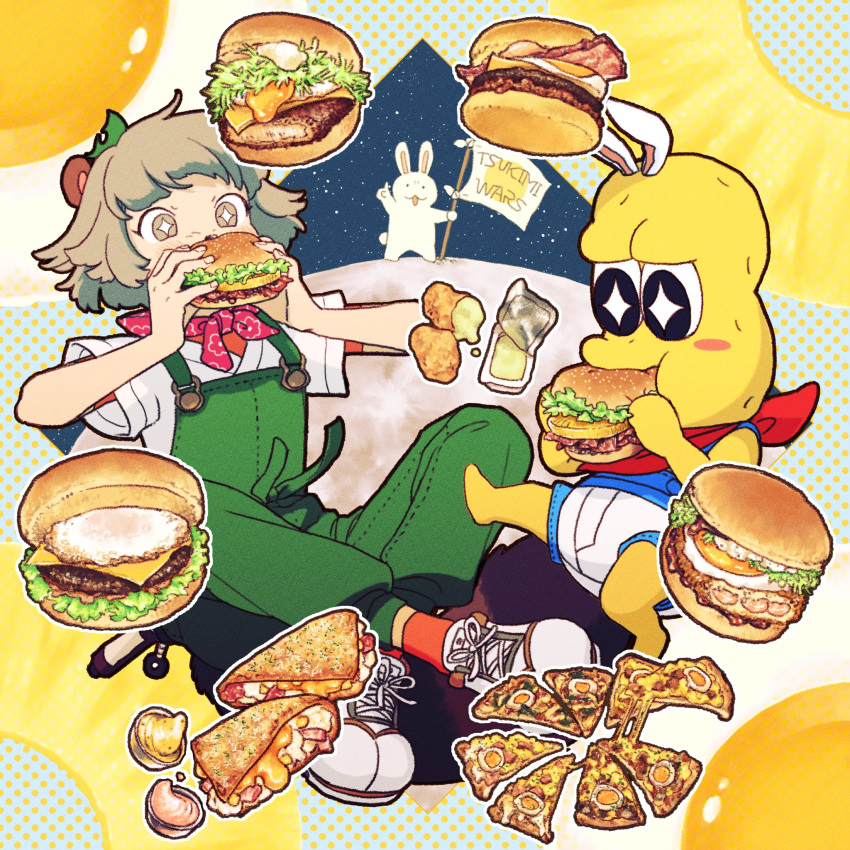 +_+ 1boy 1girl animal_ears animal_nose bald bandana_around_neck barefoot black_eyes blush_stickers briefs burger chicken_nuggets colored_skin commentary_request condiment_packet eating flag floating floating_hair food food-themed_background food_request fruit green_overalls grey_eyes grey_hair halftone halftone_background highres holding holding_food indian_style leaf leaf_on_head male_underwear mode_aim moon peanuts-kun pineapple pineapple_slice pizza ponpoko_(vtuber) rabbit raccoon_ears raccoon_girl sauce scroll shirt shoes short_hair short_sleeves sitting sneakers tsukimi tsukimi_burger underwear utochan_(uptkop) virtual_youtuber white_shirt yellow_skin