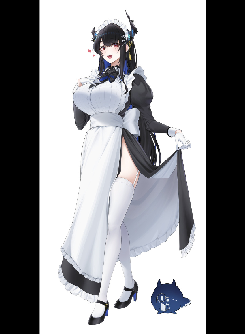 1girl absurdres alternate_costume apron asymmetrical_horns black_dress black_hair blue_hair blush breasts colored_inner_hair demon_horns dress enmaided frilled_apron frilled_dress frills gloves hair_ornament highres hololive hololive_english horns jailbird_(nerissa_ravencroft) juliet_sleeves large_breasts long_hair long_sleeves looking_at_viewer maid maid_apron maid_headdress mintz912 mole mole_under_eye multicolored_hair nerissa_ravencroft puffy_sleeves red_eyes smile two-tone_hair uneven_horns very_long_hair virtual_youtuber white_apron