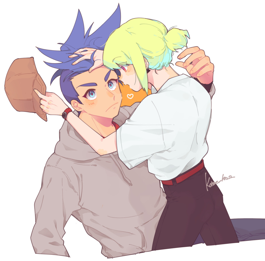 2boys androgynous artist_name baseball_cap belt black_pants blue_hair blush brown_hoodie collared_shirt commentary earrings from_behind galo_thymos green_hair hair_bun hand_in_another's_hair hat heart highres holding holding_clothes holding_hat hood hoodie jewelry kome_1022 lio_fotia looking_at_another looking_down looking_up male_focus mohawk multiple_boys nose_blush pants promare red_belt shirt short_hair short_sleeves sidelocks simple_background spiky_hair tight_clothes watch watch white_background