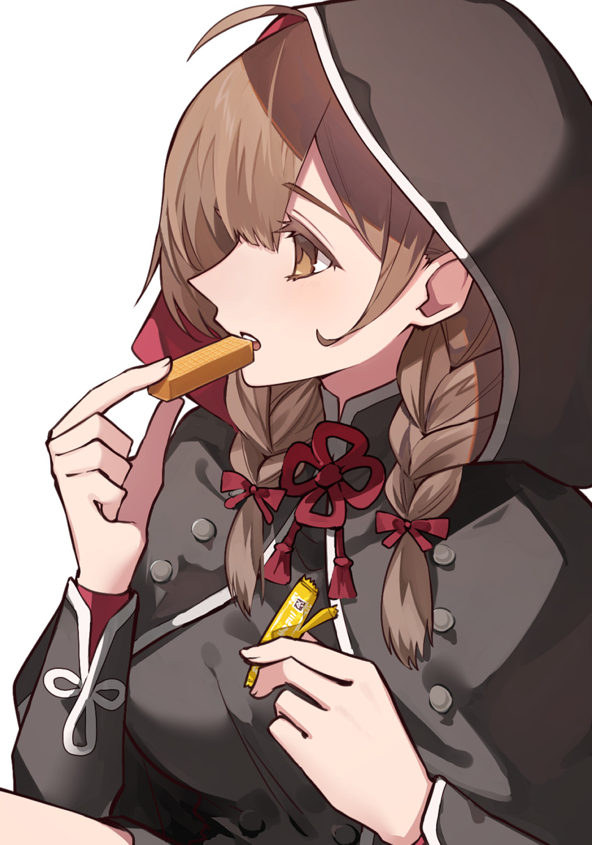 1girl ahoge black_capelet black_dress braid breasts brown_eyes brown_hair capelet dress food highres holding holding_food hood hood_up hooded_capelet kantai_collection katsuobushi_(eba_games) large_breasts long_hair long_sleeves open_mouth shinshuu_maru_(kancolle) simple_background solo twin_braids upper_body white_background