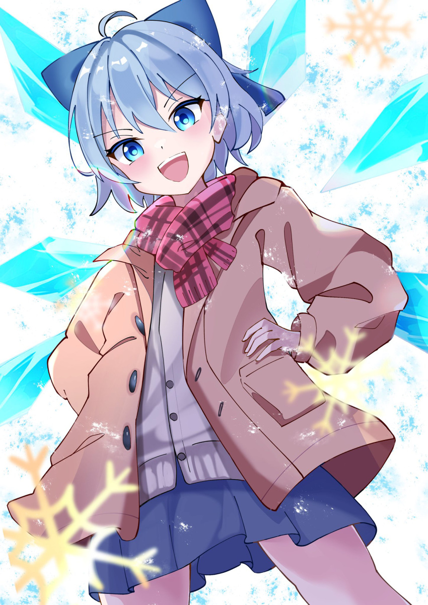 1girl :d ahoge alternate_costume blue_bow blue_eyes blue_hair blue_skirt blurry blush bow brown_coat cardigan cirno coat commentary_request cowboy_shot depth_of_field eyelashes from_below grey_cardigan hair_between_eyes hair_bow hands_on_own_hips highres kyuu_cat looking_at_viewer miniskirt open_clothes open_coat open_mouth plaid plaid_scarf pleated_skirt red_scarf scarf short_hair simple_background skirt smile snowflakes solo teeth touhou tsurime upper_teeth_only v-shaped_eyebrows white_background winter_clothes
