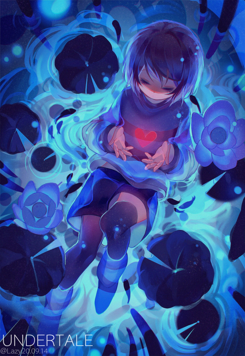 1other absurdres afloat androgynous artist_name black_shorts black_thighhighs blue_flower blue_sweater child chinese_commentary closed_eyes commentary_request copyright_name dated expressionless flower frisk_(undertale) from_above full_body heart highres knee_up lazy_kun lily_pad long_sleeves partially_submerged ripples shorts solo sweater thigh-highs undertale water