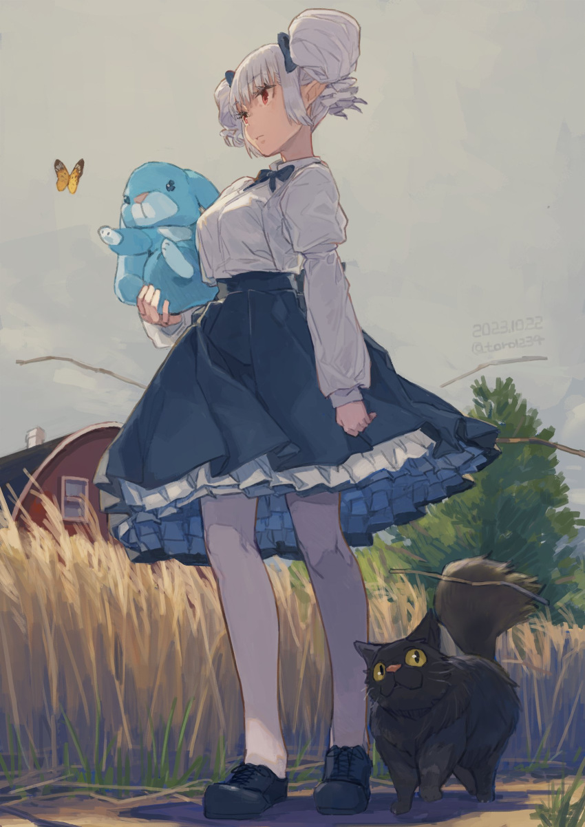 1girl absurdres animal animal_ears black_bow black_bowtie black_footwear blue_skirt bow bowtie breasts bug butterfly cat collared_shirt dated frilled_skirt frills from_below hair_bow highres holding holding_animal long_sleeves looking_ahead original outdoors pantyhose petticoat pointy_ears rabbit_ears red_eyes shirt shirt_tucked_in short_hair sidelocks skirt solo toro_(konirio) tree twintails twitter_username white_hair white_shirt