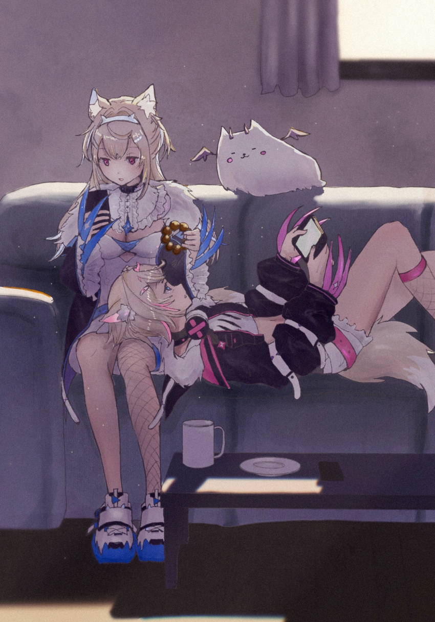 2girls animal_ear_fluff animal_ears belt black_collar blonde_hair blue_eyes blue_hair breasts cellphone collar colored_inner_animal_ears couch covered_navel crop_top cup curtains dog_ears dog_girl doughnut food food_on_face fur_trim fuwawa_abyssgard fzvkrjisli18183 hair_ornament hairband hairclip headband headphones headphones_around_neck highres holding holding_phone hololive hololive_english large_breasts long_hair lying mococo_abyssgard mug multicolored_hair multiple_girls on_back phone pink_belt pink_eyes pink_hair pink_hairband pink_headband plate shirt shorts siblings single_fishnet_legwear sisters smartphone streaked_hair table tail twins virtual_youtuber white_shirt window