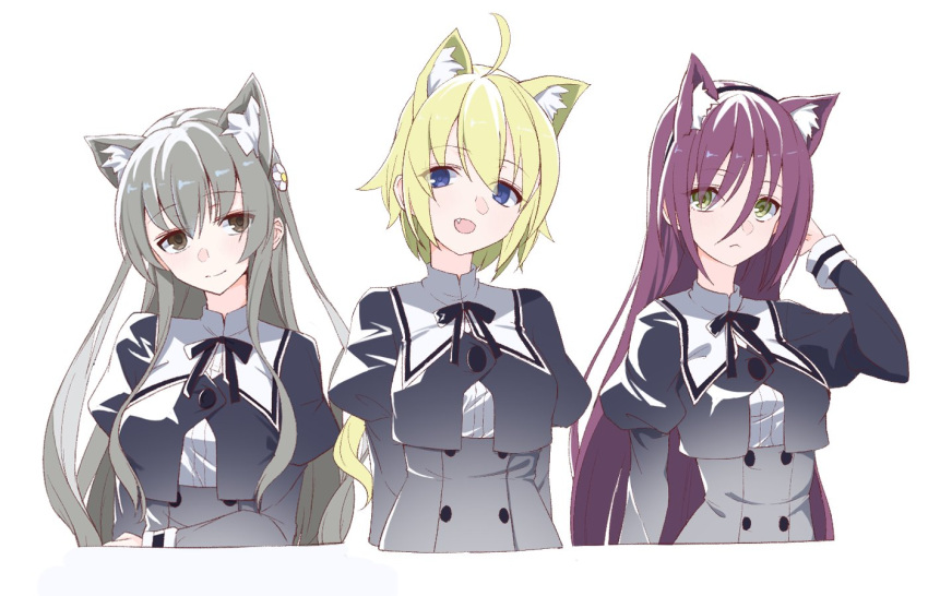 3girls :d ahoge amano_soraha animal_ear_fluff animal_ears arm_at_side arms_behind_back assault_lily black_hairband black_ribbon black_skirt blonde_hair blue_eyes bow bow_hairband breasts brown_eyes buttons cat_ears cat_girl cat_tail closed_mouth commentary cropped_jacket cropped_torso egawa_kusumi fang flower green_eyes grey_hair gumoyu hair_between_eyes hair_bow hair_flower hair_ornament hairband hand_in_own_hair hand_on_own_arm hand_up high-waist_skirt juliet_sleeves kemonomimi_mode large_breasts light_blush light_smile long_bangs long_hair long_sleeves looking_at_viewer low_ponytail maki_wakana medium_breasts multiple_girls neck_ribbon open_mouth puffy_sleeves purple_hair ribbon school_uniform shirt sidelocks simple_background skirt smile tail tail_raised two_side_up upper_body very_long_hair white_background white_bow white_flower white_shirt yurigaoka_girls_academy_school_uniform