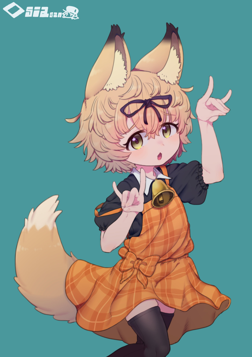 1girl absurdres animal_ear_fluff animal_ears arms_up bell black_bow blonde_hair borrowed_character bow brown_eyes collared_shirt commission cowboy_shot double_fox_shadow_puppet dress fox_ears fox_girl fox_shadow_puppet fox_tail green_background hair_between_eyes hair_bow highres komori-san looking_at_viewer neck_bell off-shoulder_dress off_shoulder original plaid plaid_dress puffy_sleeves rosia_san shirt short_hair signature skeb_commission solo standing tail tail_through_clothes thigh-highs zettai_ryouiki