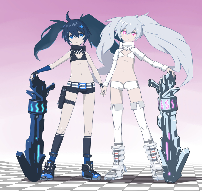 2girls 32zzz asymmetrical_gloves black_bra black_collar black_gloves black_hair black_rock_shooter black_rock_shooter_(character) black_shorts black_socks blue_eyes bra cannon closed_mouth collar detached_collar fingerless_gloves flat_chest gloves hair_between_eyes hair_ornament highres holding_hands long_hair long_sleeves mismatched_gloves multiple_girls navel pale_skin short_shorts shorts sidelocks socks star_(symbol) star_hair_ornament thigh-highs twintails underwear uneven_twintails violet_eyes white_bra white_collar white_footwear white_rock_shooter white_shrug white_thighhighs